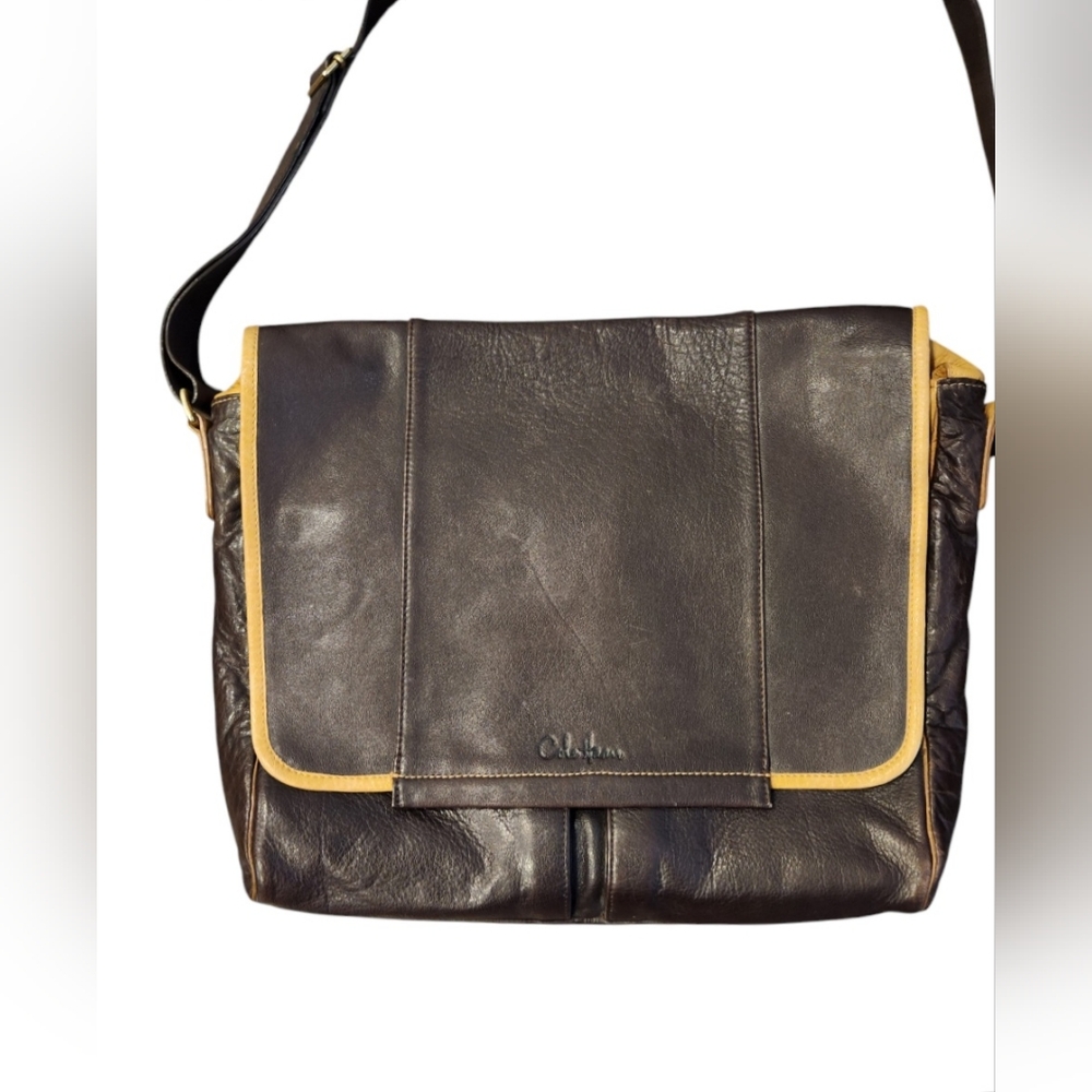 Cole Haan Dark Brown Messenger Bag with Flap Closure and Contrasting Trim